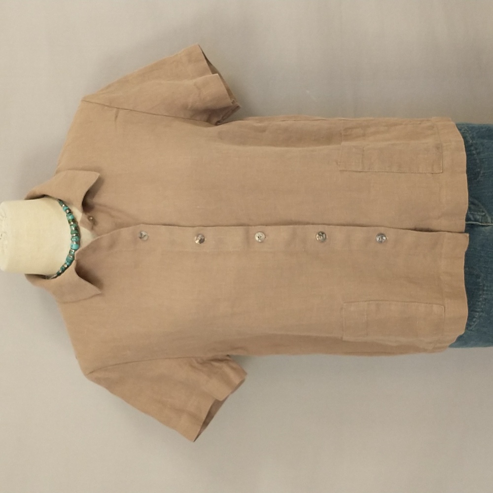 Amour Linen Top Short Sleeve Scarlett Blouse Pockets Button Front Collared 100%